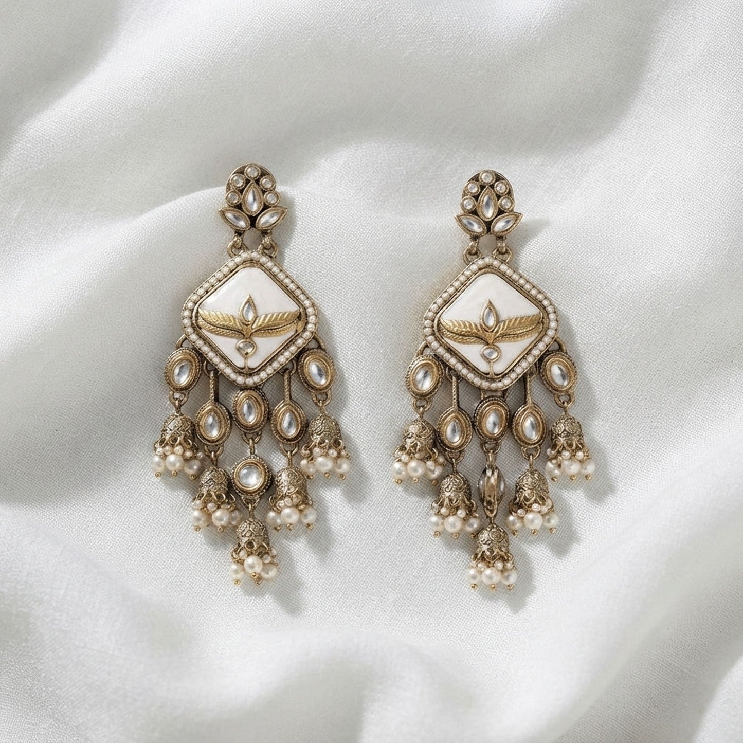 White Color Kundan Earrings Featuring Elegant Festive Traditional Jewelry Design