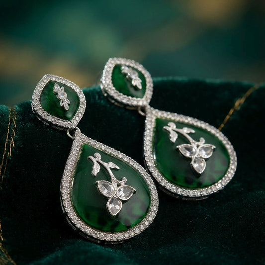 Green Color Kundan Earrings With Stylish Ethnic Stone Embellished Jewellery Design