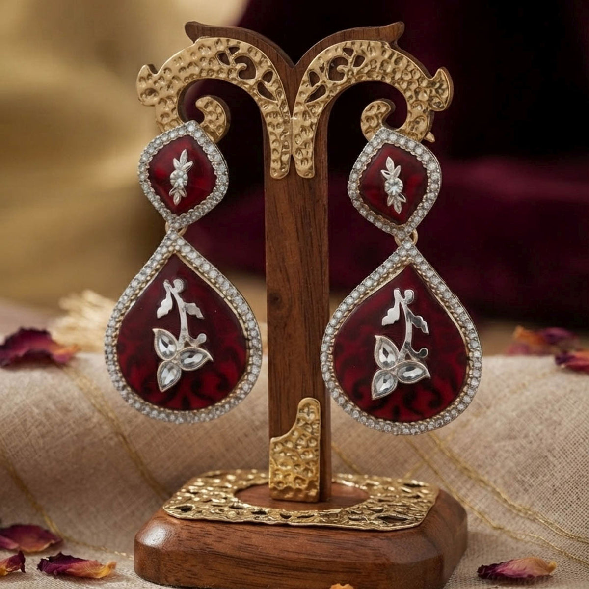 Maroon Color Kundan Earrings With Elegant Traditional Stone Embellished Jewellery Design