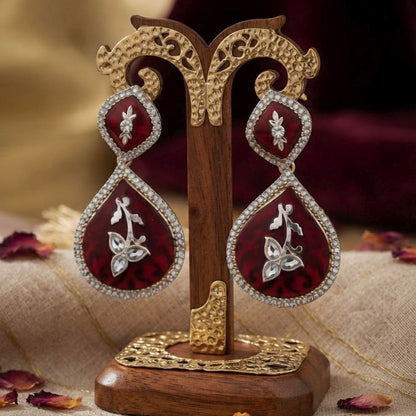 Maroon Color Kundan Earrings With Elegant Traditional Stone Embellished Jewellery Design