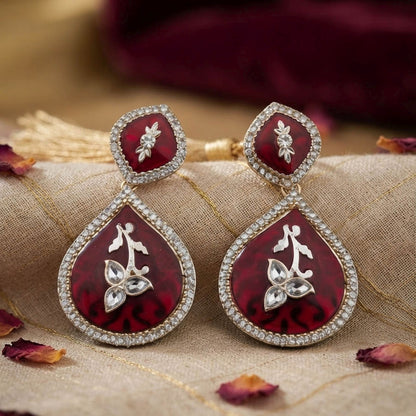 Maroon Color Kundan Earrings With Elegant Traditional Stone Embellished Jewellery Design