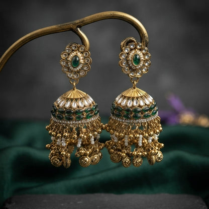 Green Color Kundan Earrings with Elegant Traditional Design