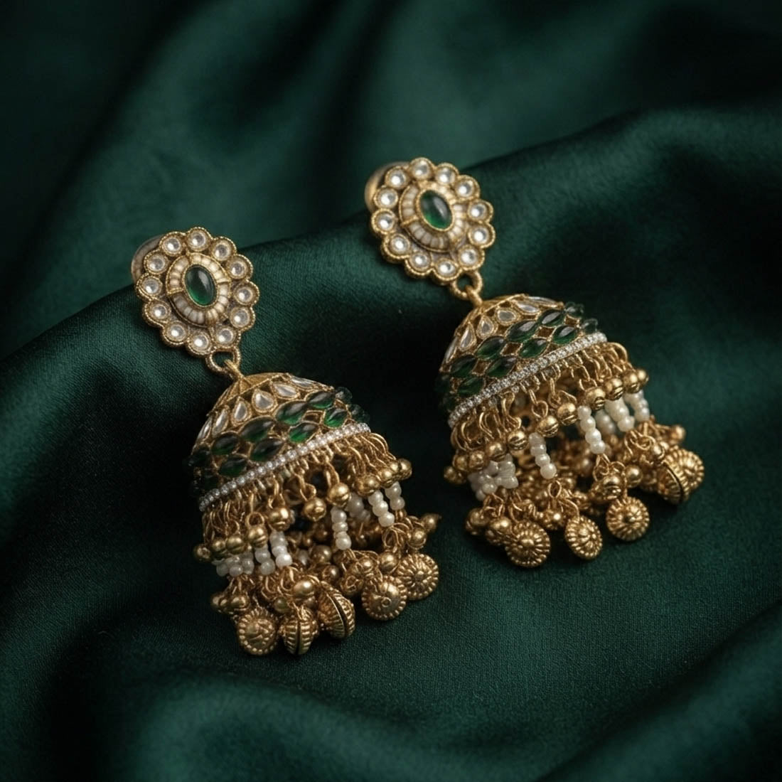 Green Color Kundan Earrings with Elegant Traditional Design