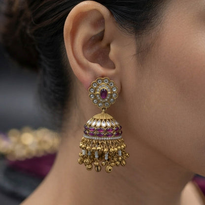 Purple Color Kundan Earrings with Graceful Traditional Look
