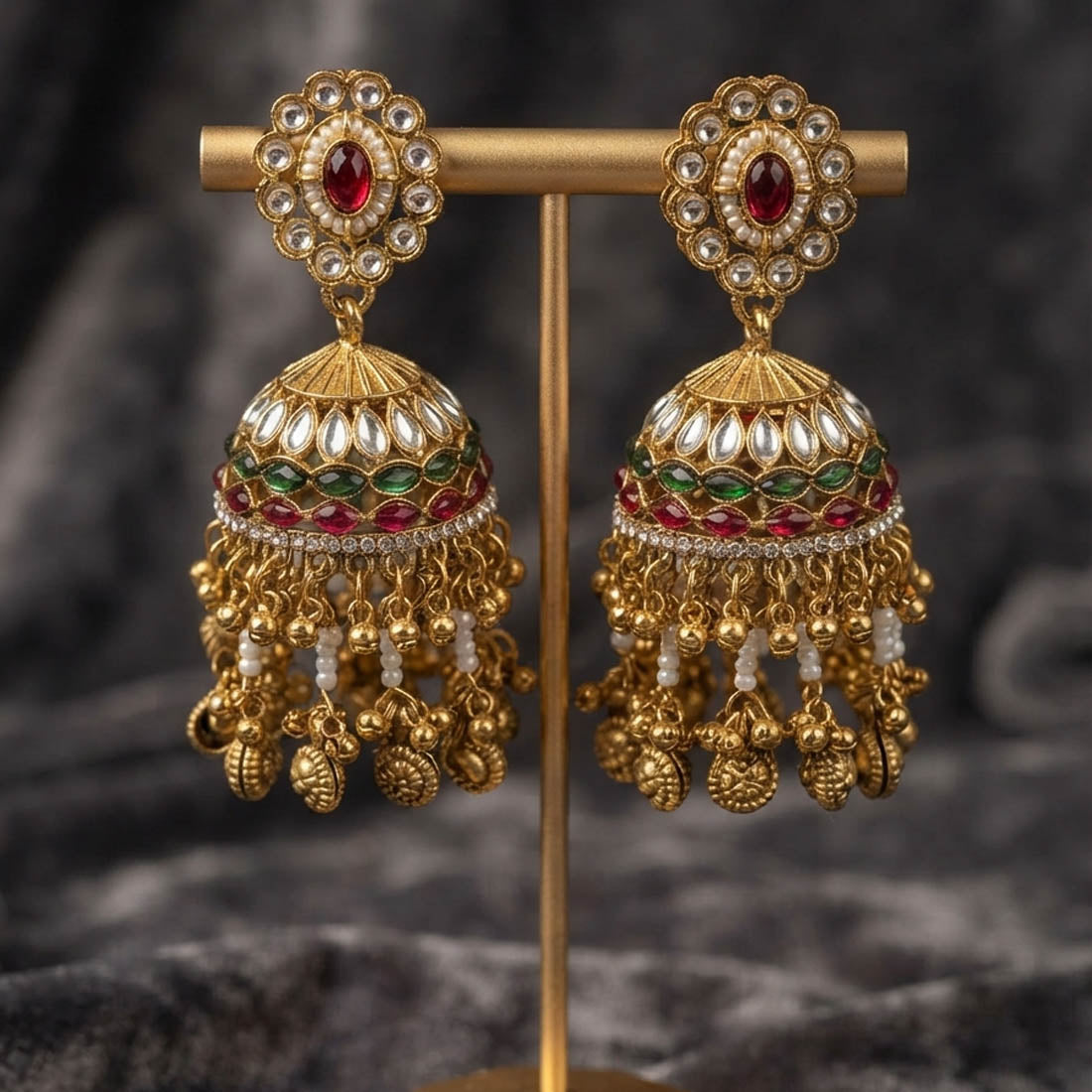 Red Green Color Kundan Earrings with Beautiful Ethnic Design
