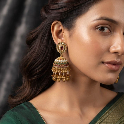 Red Green Color Kundan Earrings with Beautiful Ethnic Design
