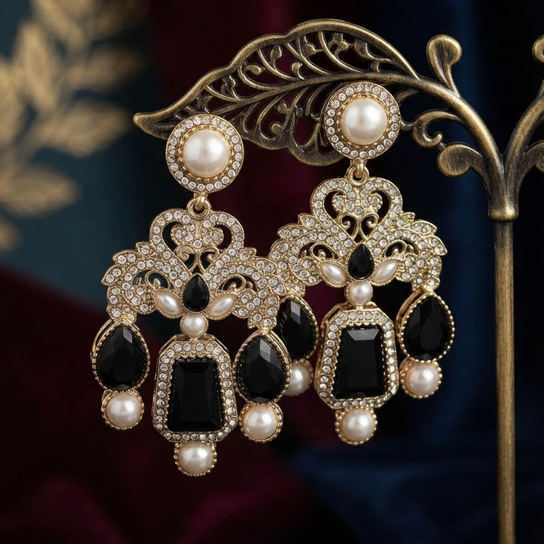Black Color Kundan Earrings with Stylish Partywear Design