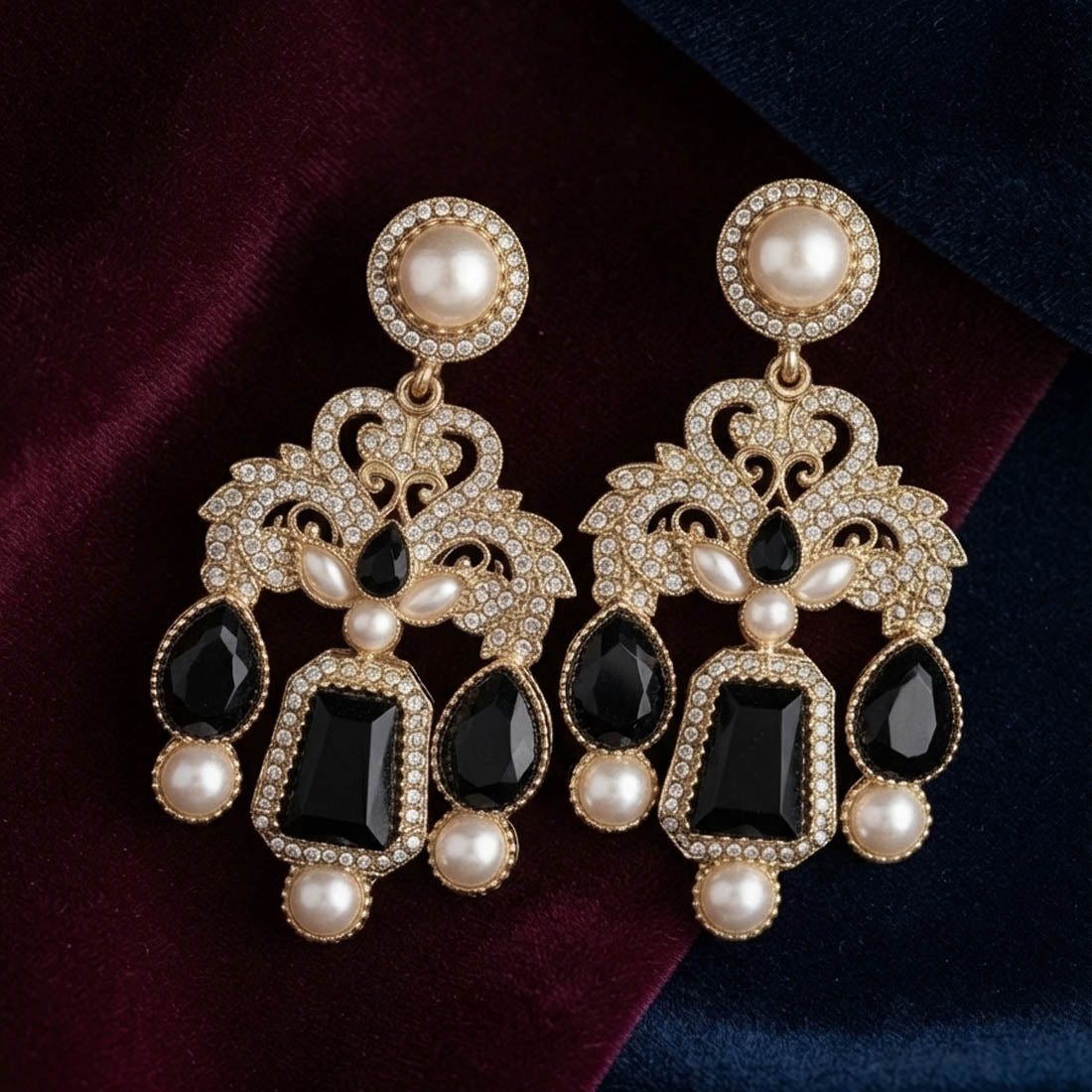 Black Color Kundan Earrings with Stylish Partywear Design