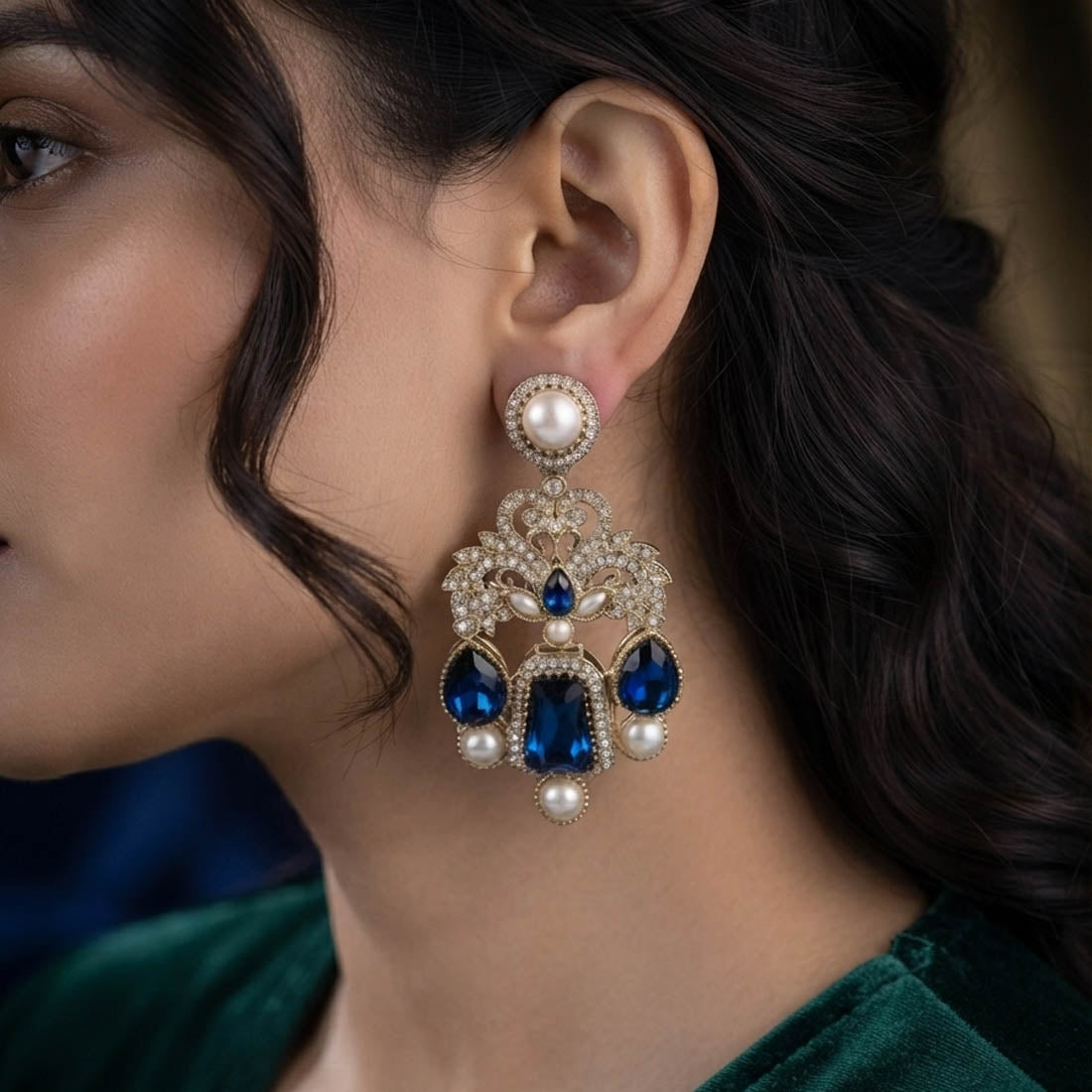 Blue Color Kundan Earrings with Elegant Traditional Style