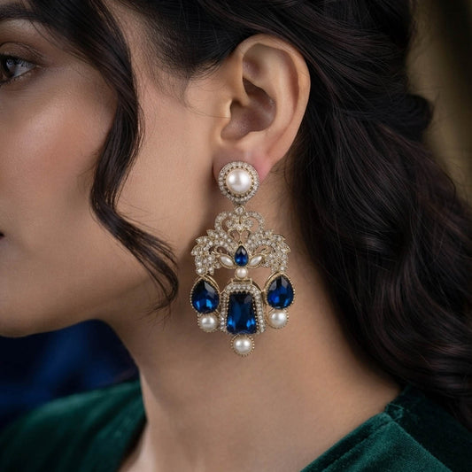 Blue Color Kundan Earrings with Elegant Traditional Style