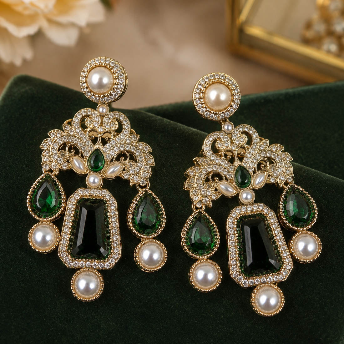 Green Color Kundan Earrings with Beautiful Festive Appeal