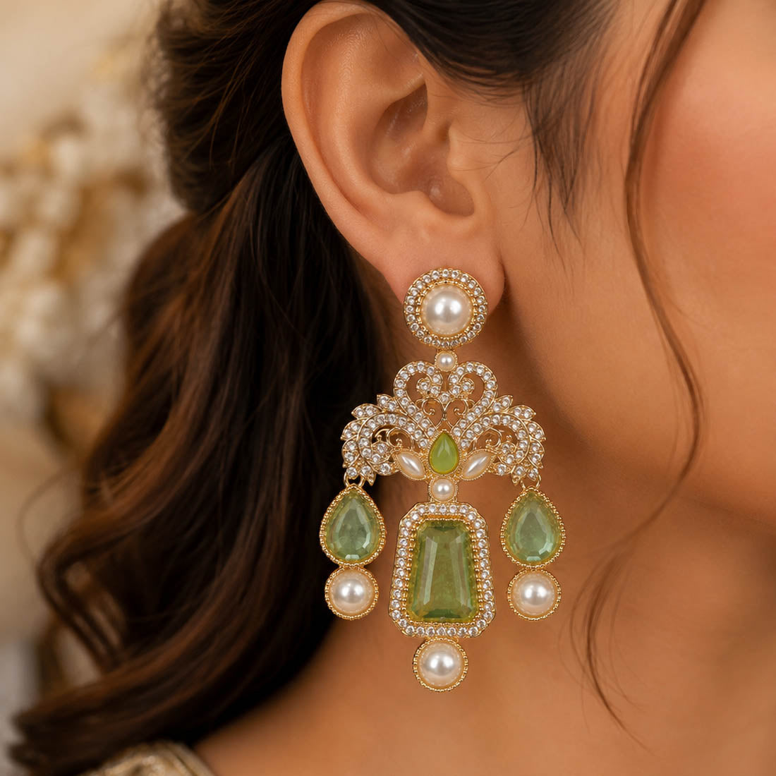 Light Green Color Kundan Earrings with Graceful Traditional Look