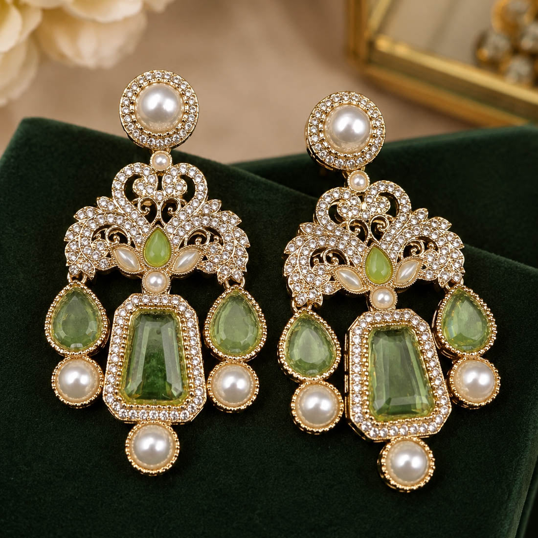 Light Green Color Kundan Earrings with Graceful Traditional Look