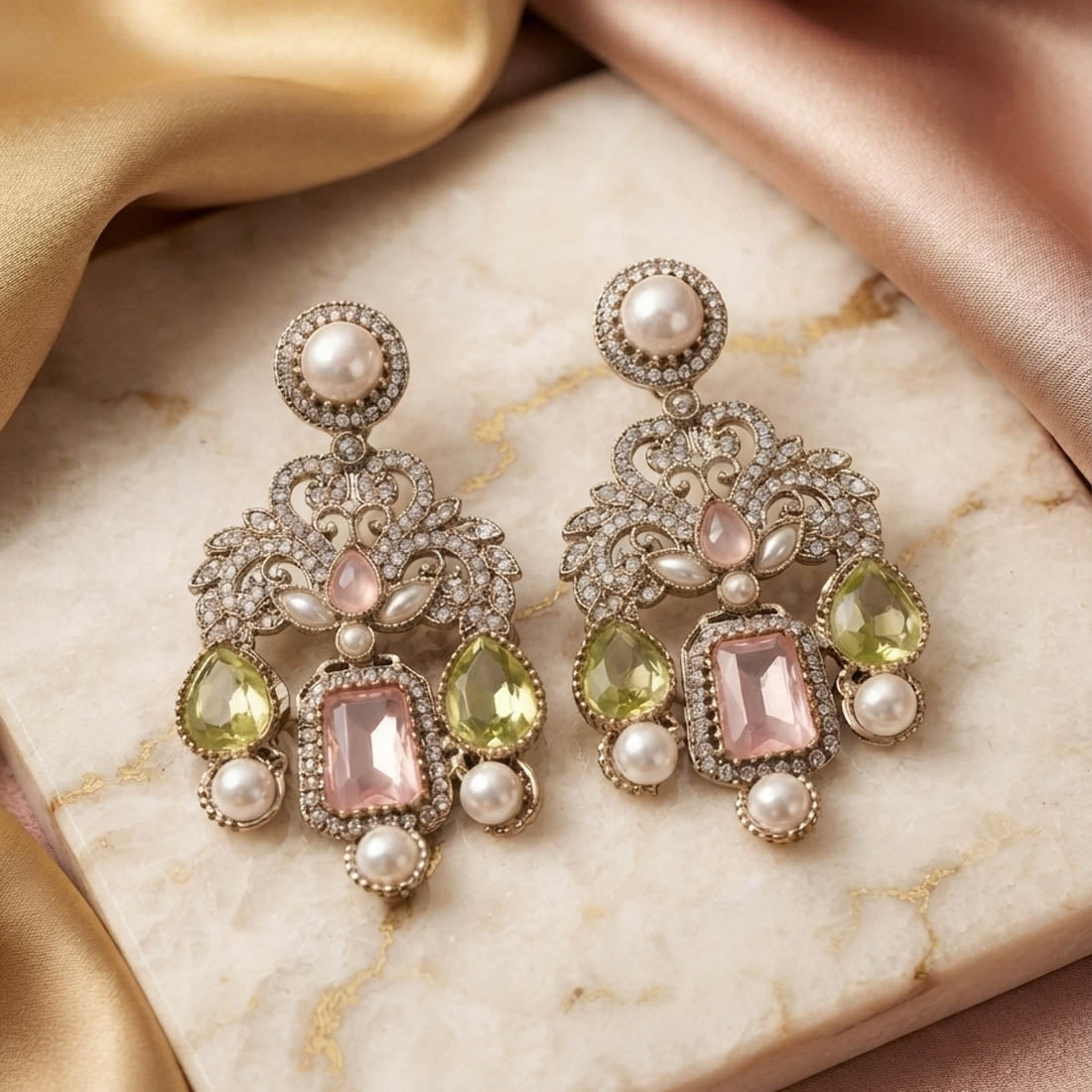 Light Pink & Light Green Color Kundan Earrings with Stylish Design