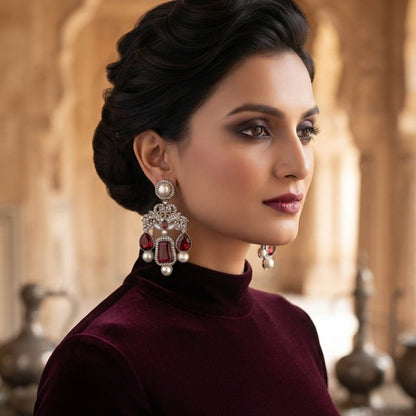 Red Color Kundan Earrings with Royal Ethnic Designer Look