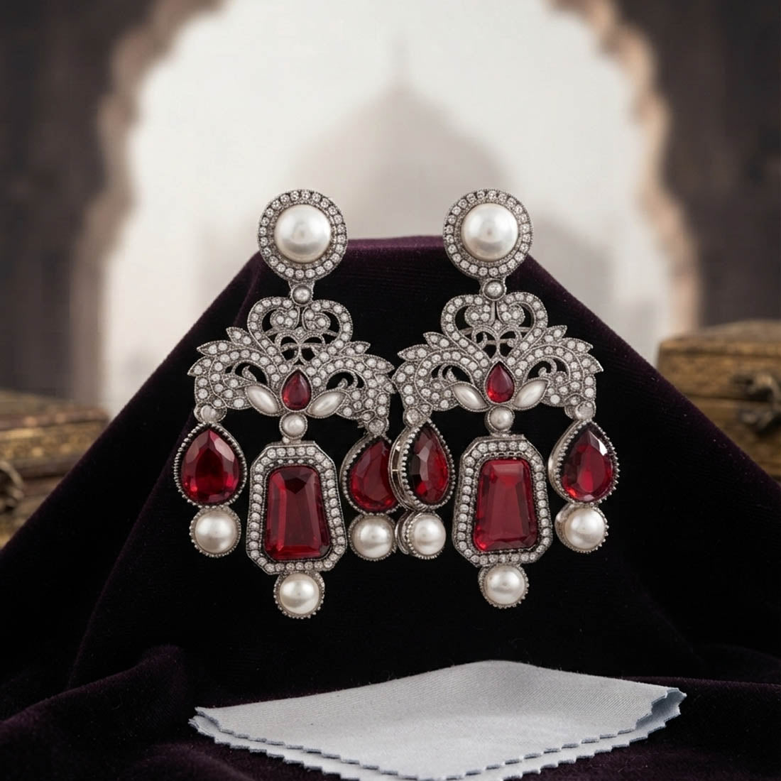 Red Color Kundan Earrings with Royal Ethnic Designer Look