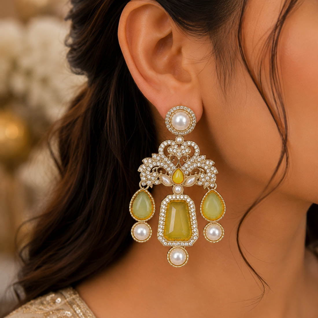 Yellow Color Kundan Earrings with Vibrant Traditional Design