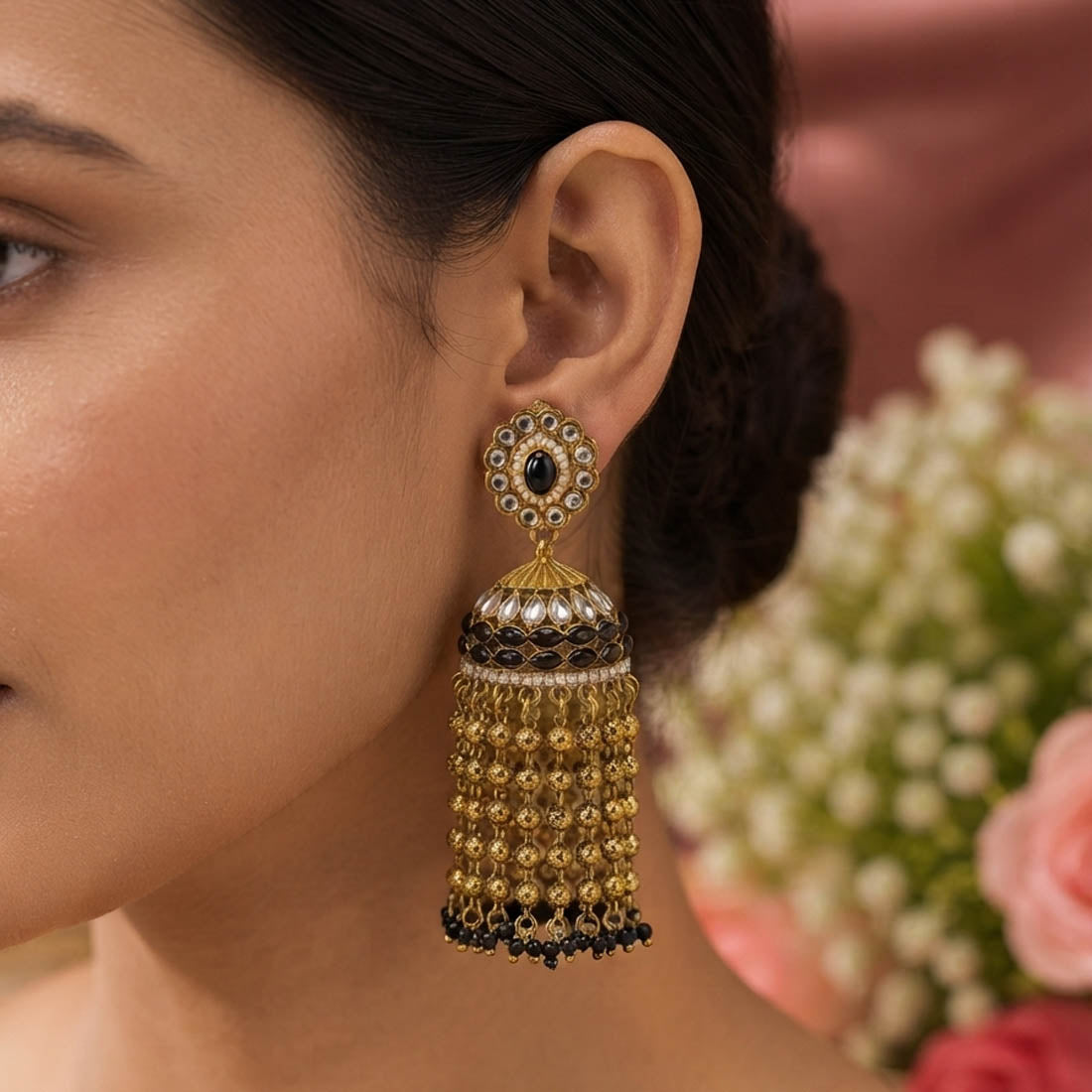 Black Color Kundan Earrings with Elegant Festive Design