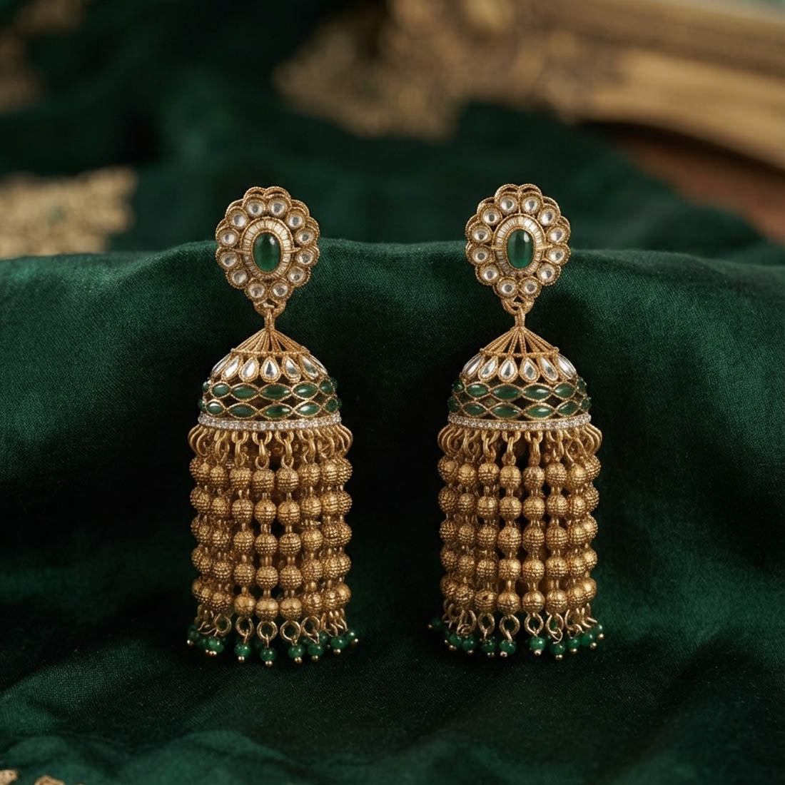 Green Color Kundan Earrings with Stylish Festive Design