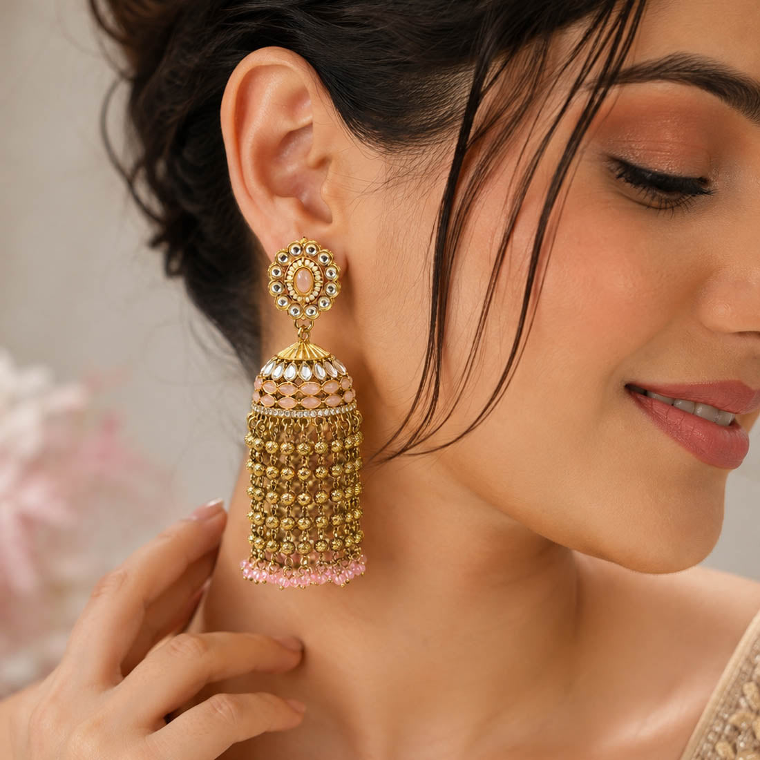 Light Pink Color Kundan Earrings with Graceful Festive Appeal