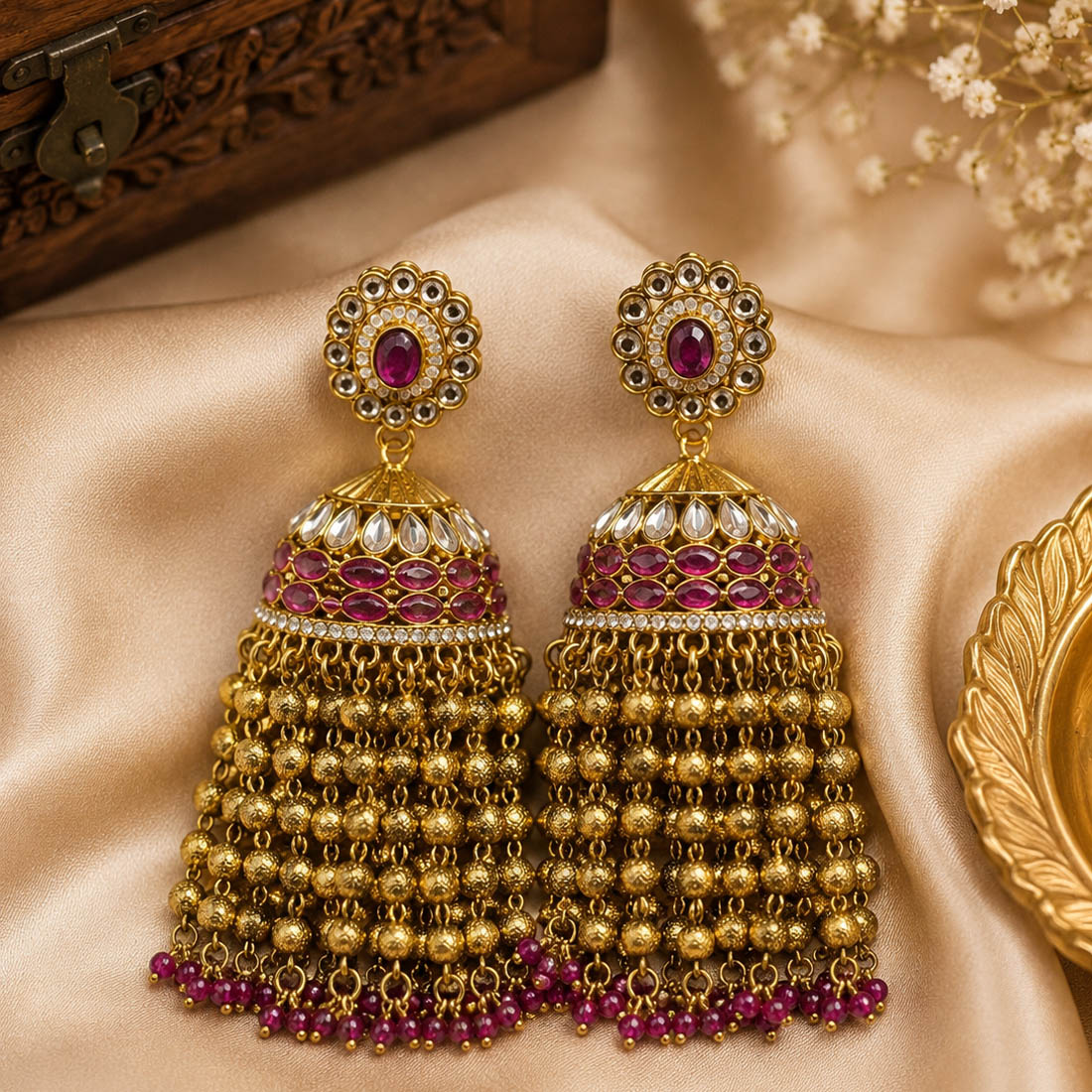 Pink Color Kundan Earrings with Charming Traditional Appeal