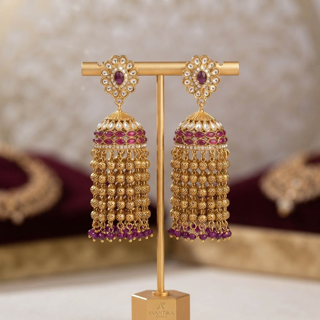 Purple Color Kundan Earrings with Beautiful Partywear Look