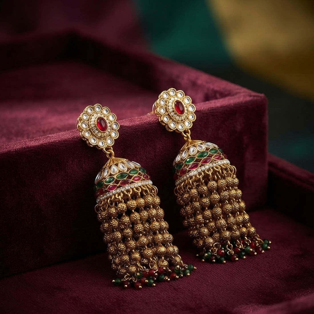 Red Green Color Kundan Earrings with Royal Designer Style