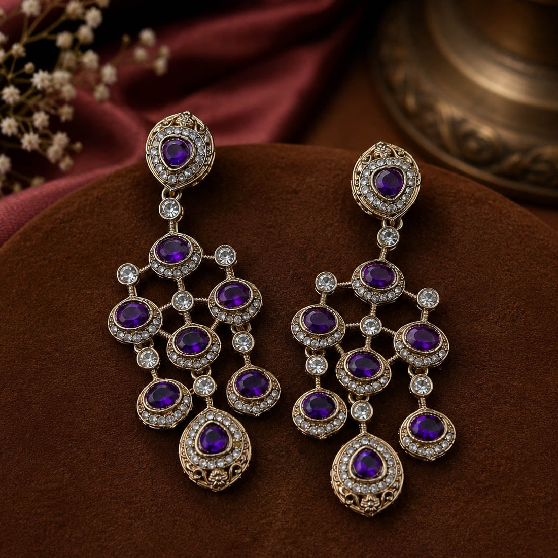 Purple Color Kundan Earrings with Elegant Partywear Appeal