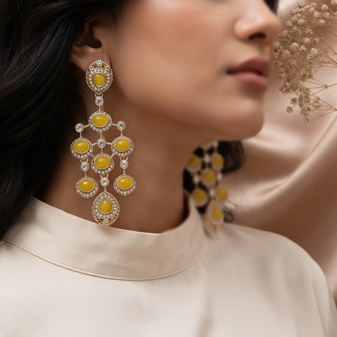 Yellow Color Kundan Earrings with Elegant Festive Appeal