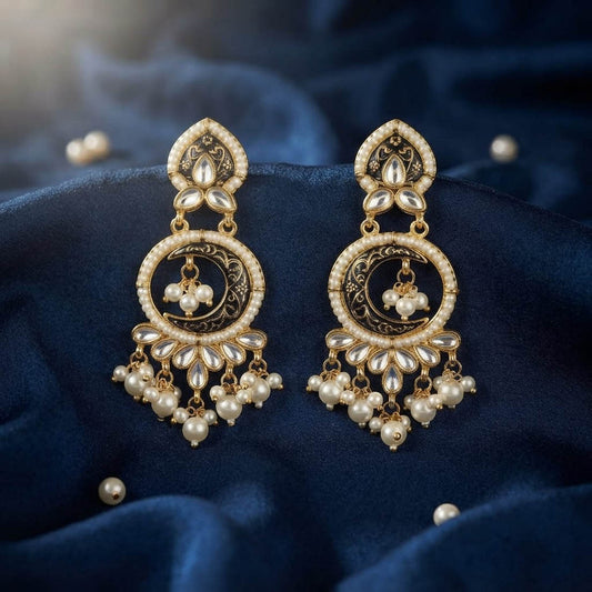 Bold Jet Black Color Kundan Earrings For Modern Fusion Wear