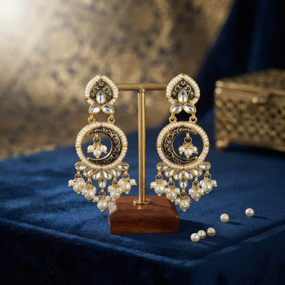 Bold Jet Black Color Kundan Earrings For Modern Fusion Wear