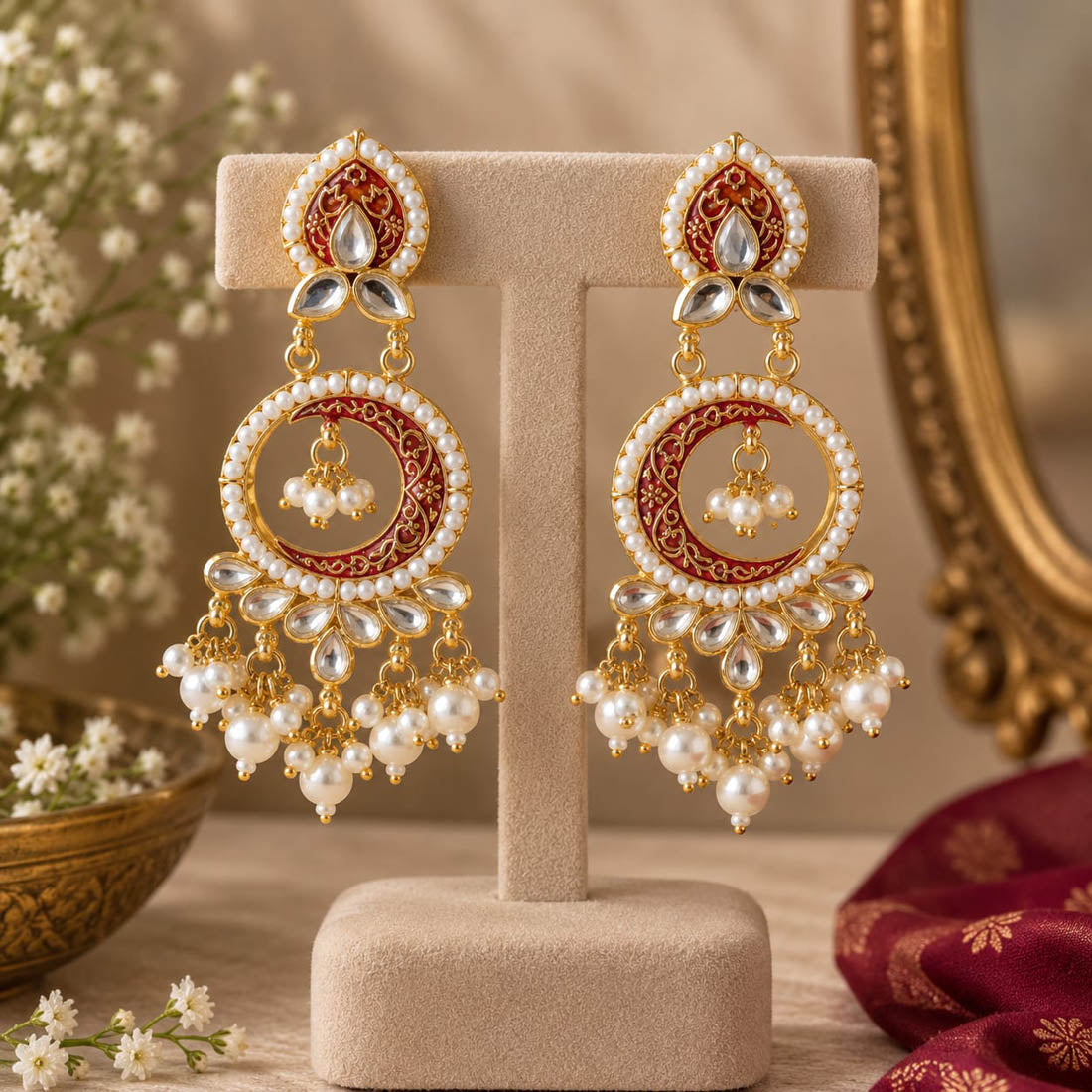 Earthy Chocolate Brown Color Kundan Chandbali Earrings For Traditional Outfits
