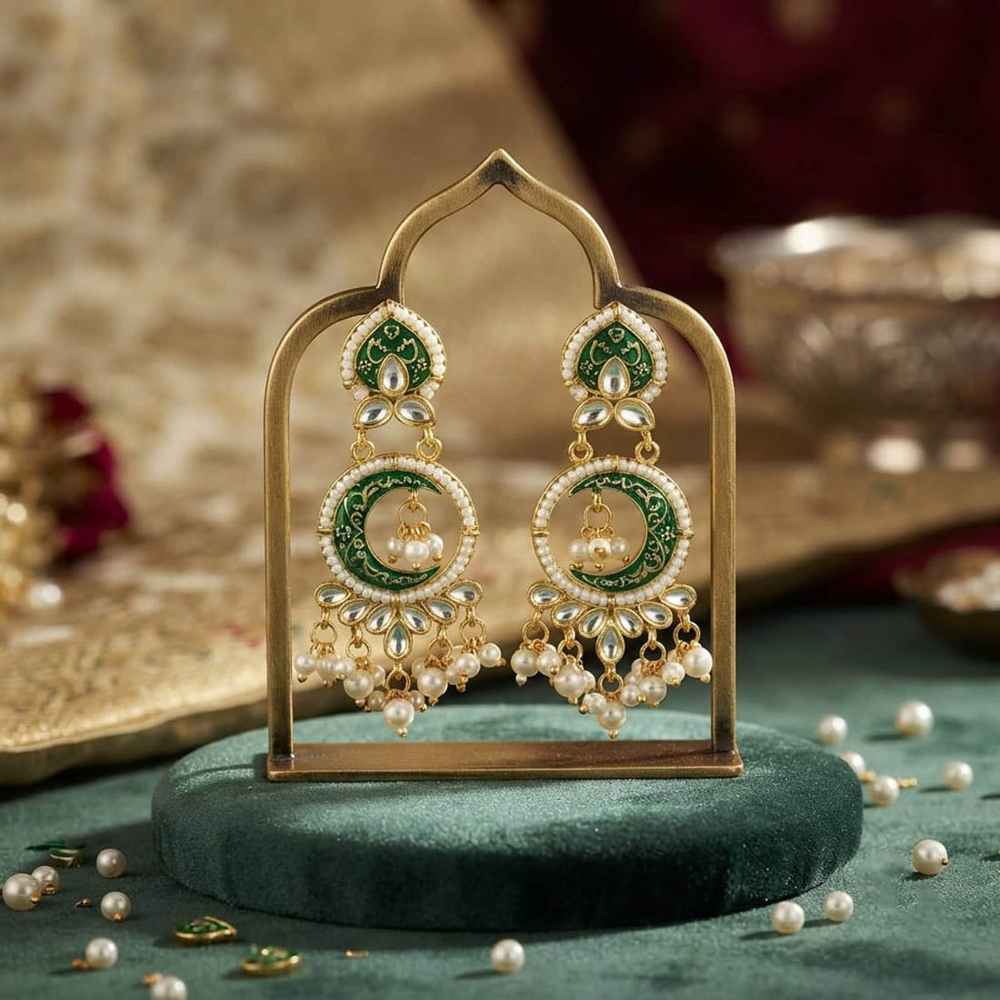 Lush Forest Green Color Kundan Chandbali Earrings For Festive Celebrations