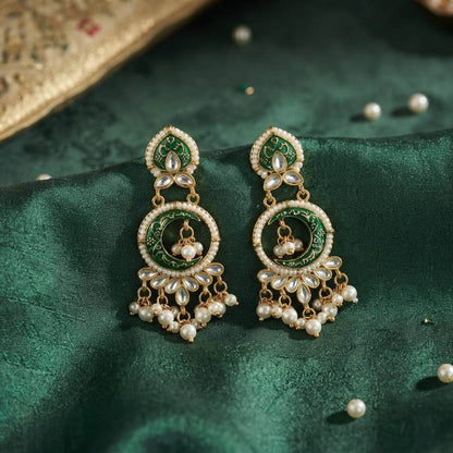 Lush Forest Green Color Kundan Chandbali Earrings For Festive Celebrations