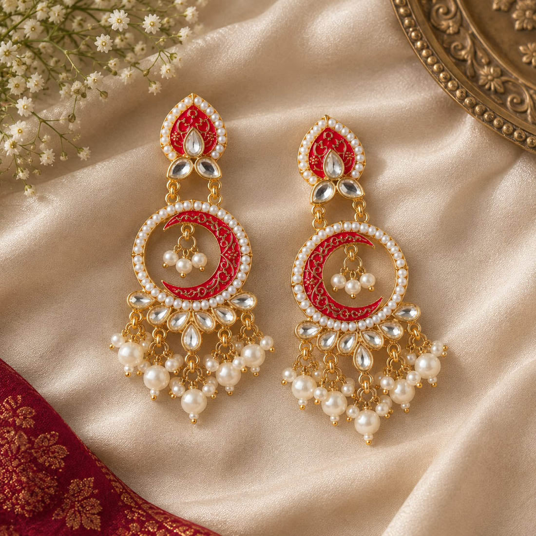 Striking Ruby Red Color Kundan Chandbali Earrings For Bridal Jewelry Set