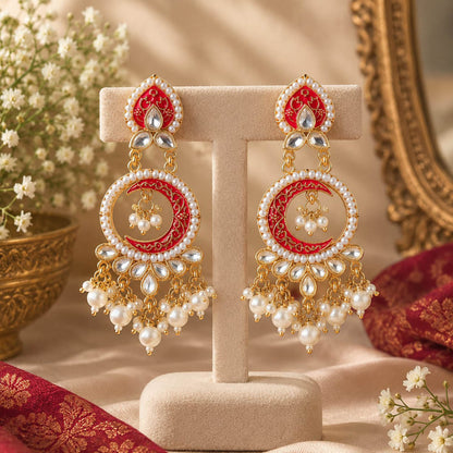 Striking Ruby Red Color Kundan Chandbali Earrings For Bridal Jewelry Set