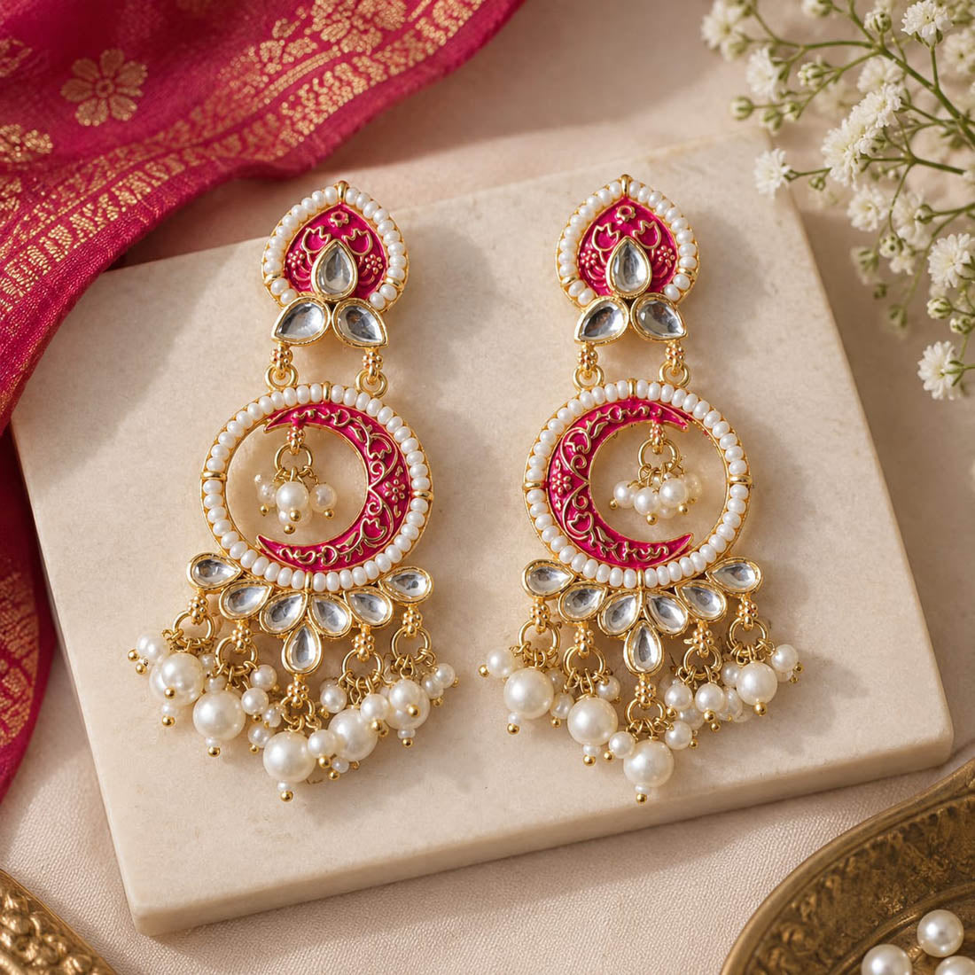 Vibrant Rani Pink Color Kundan Chandbali Earrings For Bridal Celebrations