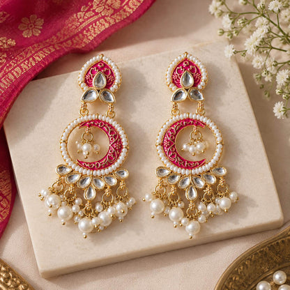 Vibrant Rani Pink Color Kundan Chandbali Earrings For Bridal Celebrations