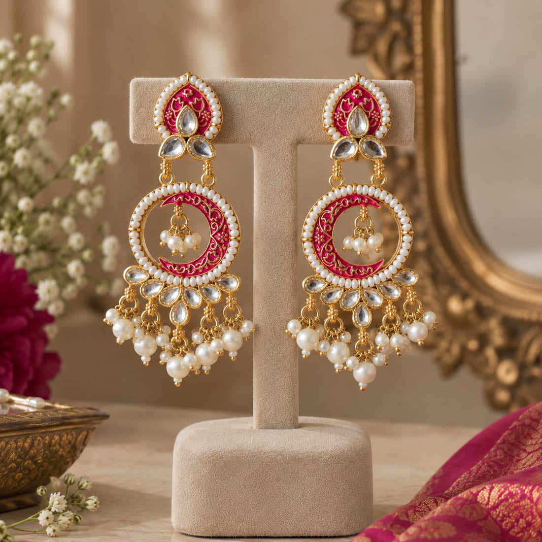 Vibrant Rani Pink Color Kundan Chandbali Earrings For Bridal Celebrations