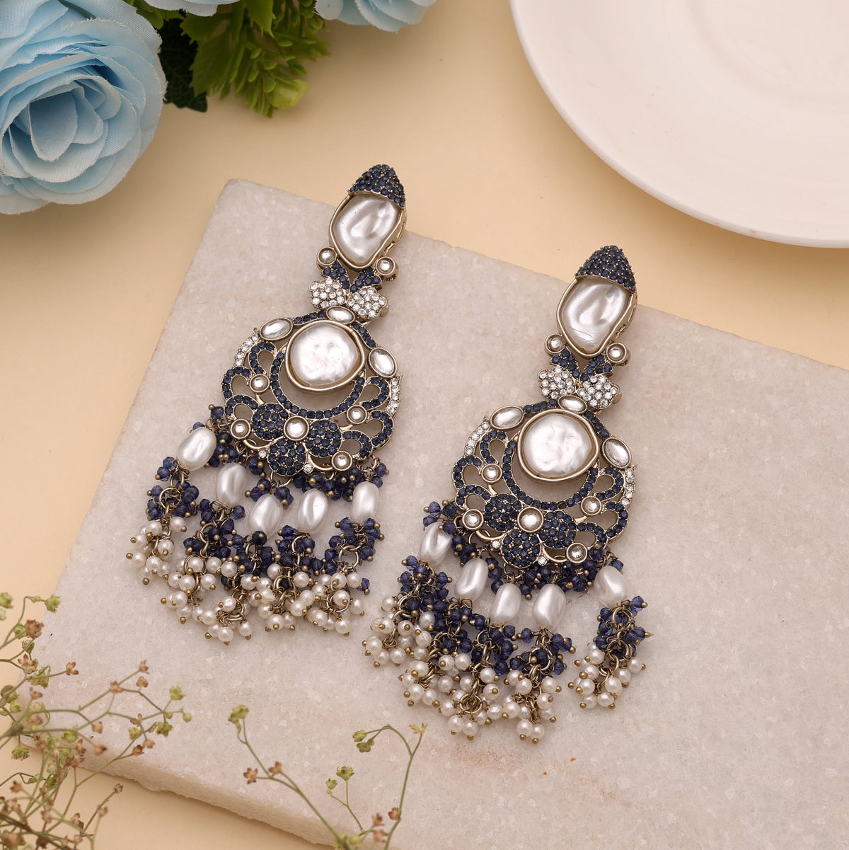 Royal Sapphire Blue Color Turkish Kundan Statement Earrings For Special Events