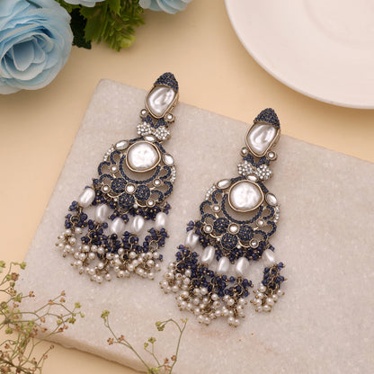 Royal Sapphire Blue Color Turkish Kundan Statement Earrings For Special Events