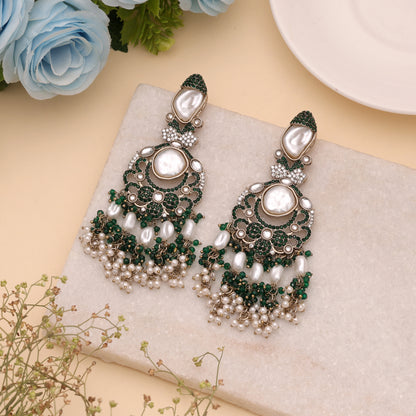 Lush Emerald Green Color Turkish Kundan Drop Earrings For Festive Celebrations