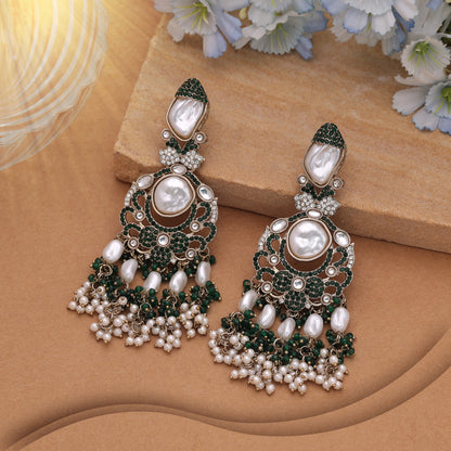 Lush Emerald Green Color Turkish Kundan Drop Earrings For Festive Celebrations