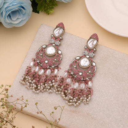 Delicate Soft Light Pink Color Turkish Kundan Drop Earrings For Parties