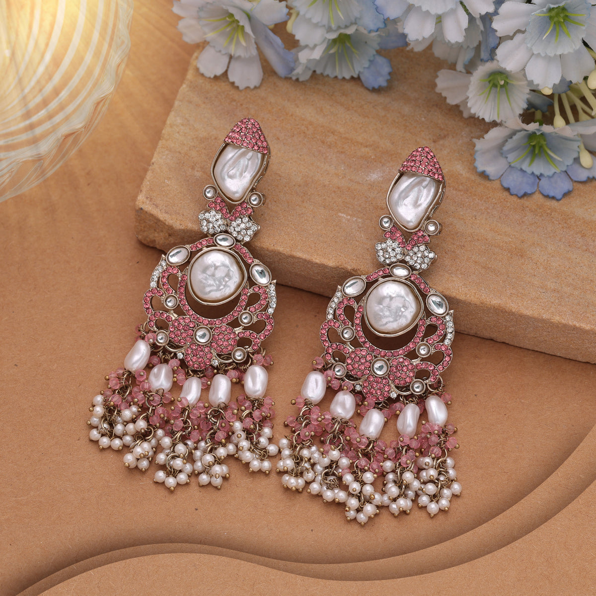 Delicate Soft Light Pink Color Turkish Kundan Drop Earrings For Parties