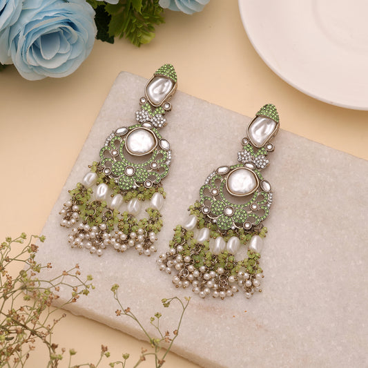 Vibrant Parrot Green Color Turkish Kundan Statement Earrings For Traditional Occasions