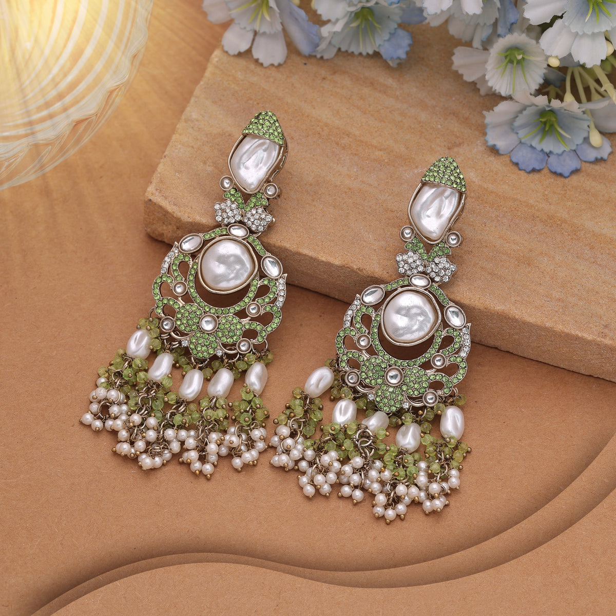 Vibrant Parrot Green Color Turkish Kundan Statement Earrings For Traditional Occasions