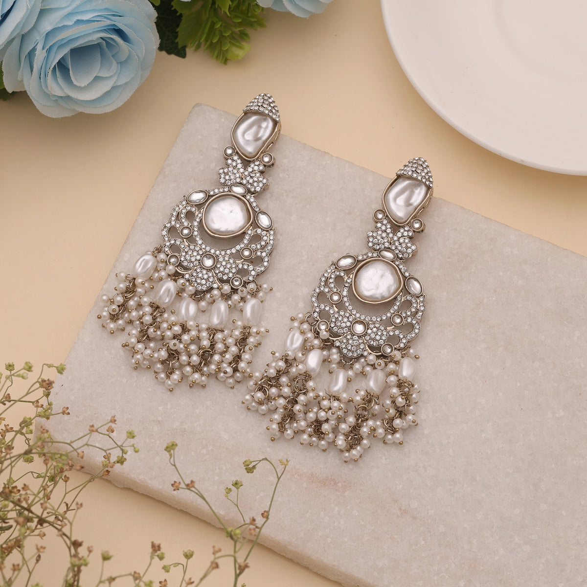 Classic Pristine White Color Turkish Kundan Pearl Earrings For Women Ethnic Wear