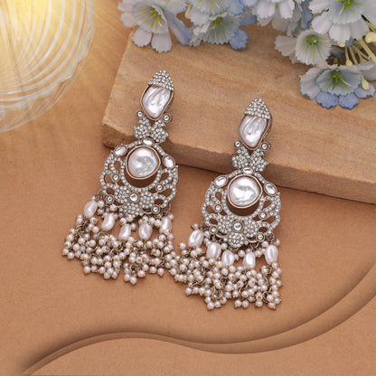 Classic Pristine White Color Turkish Kundan Pearl Earrings For Women Ethnic Wear
