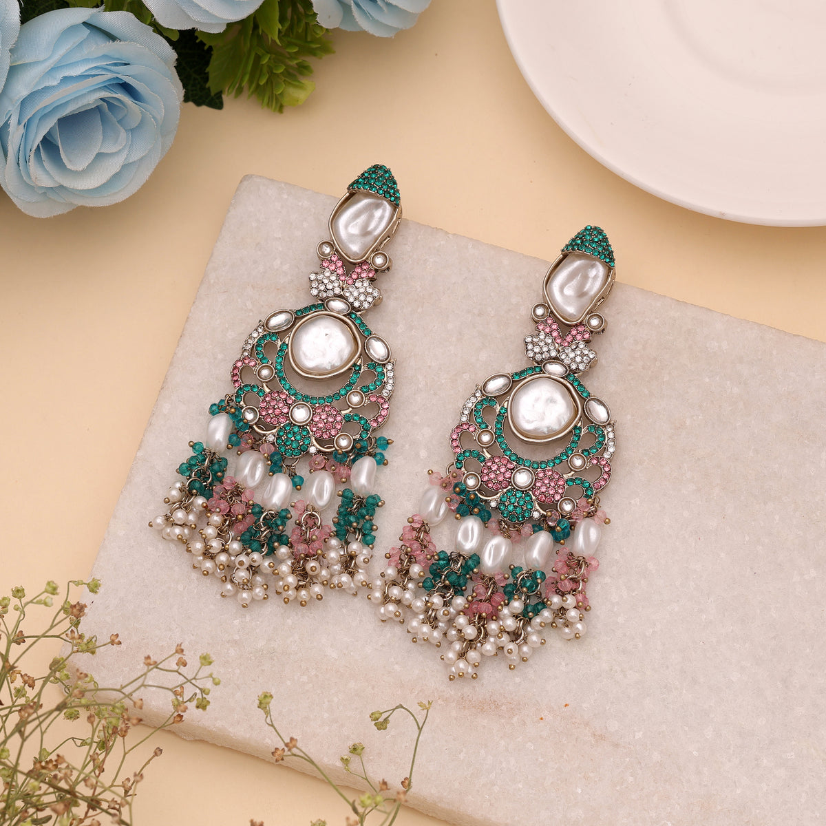 Vibrant Multi Color Turkish Kundan Jhumka Earrings For Indian Festive Functions